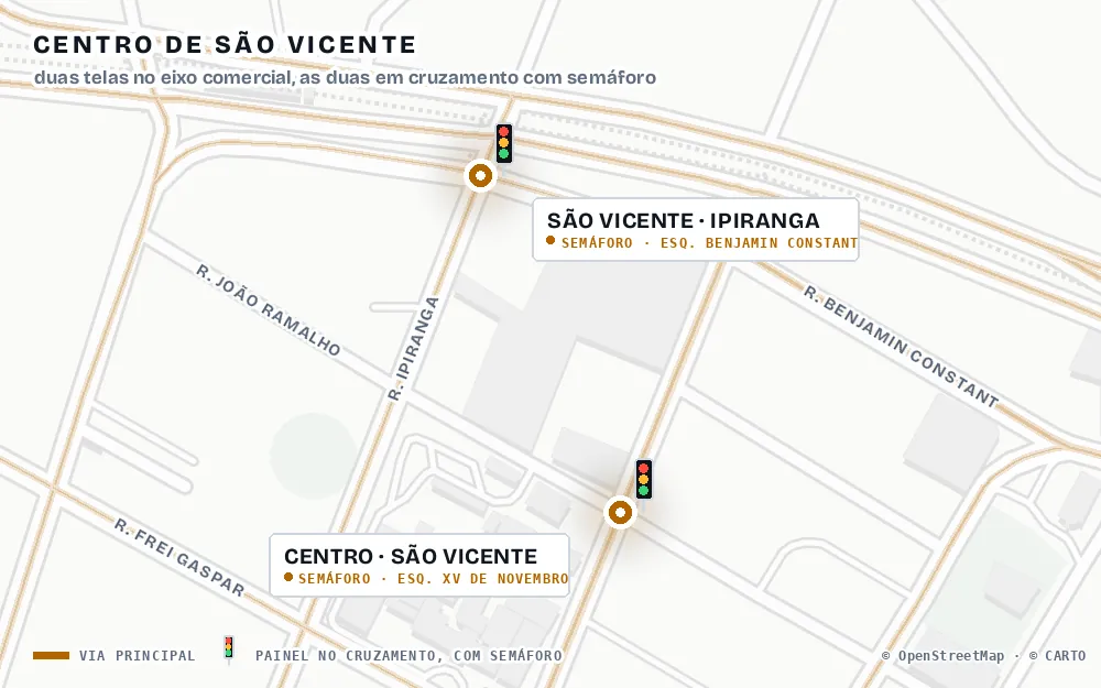 Mapa do Centro de São Vicente com as duas telas marcadas nos cruzamentos R. Ipiranga × Benjamin Constant e João Ramalho × XV de Novembro, os dois com semáforo